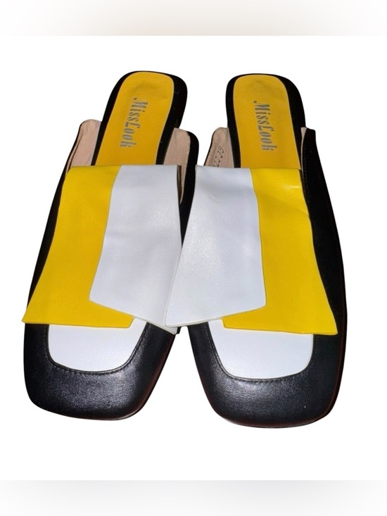 MISSLOOK Shoes - VTG Miss Look Block Heel Slide Sandals Womens 8 Yellow White Square Toe Mules